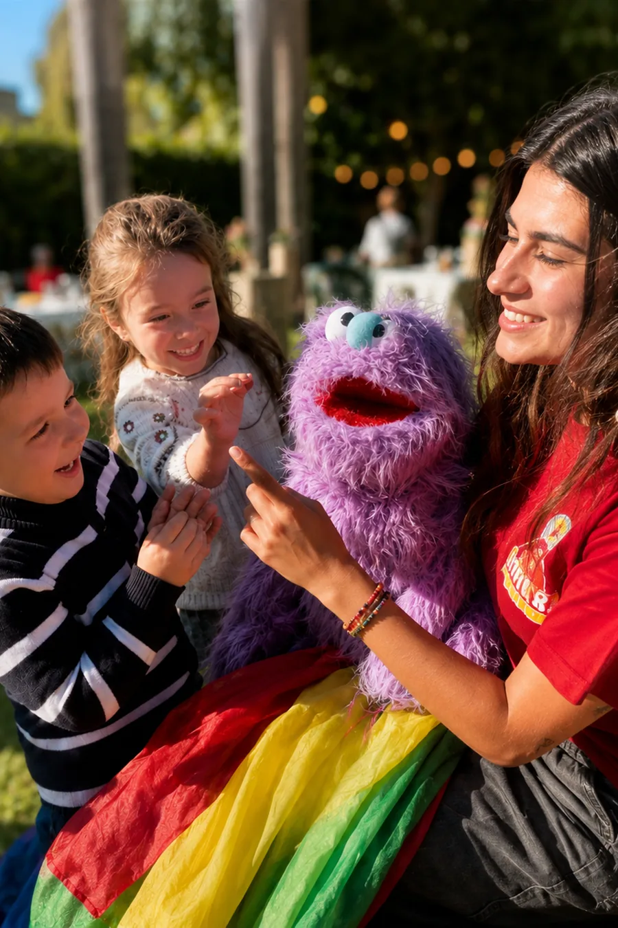 Animadora jugando con un títere frente a dos niños que se ríen