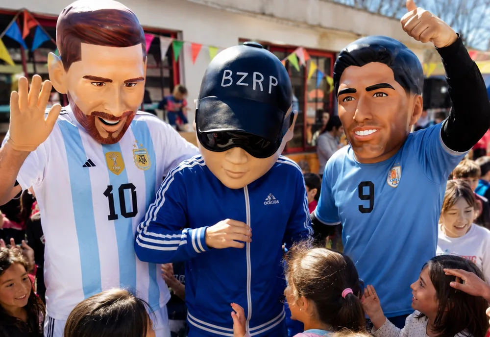 Cabezudos de figuras reconocibles rodeados de niños que los saludan
