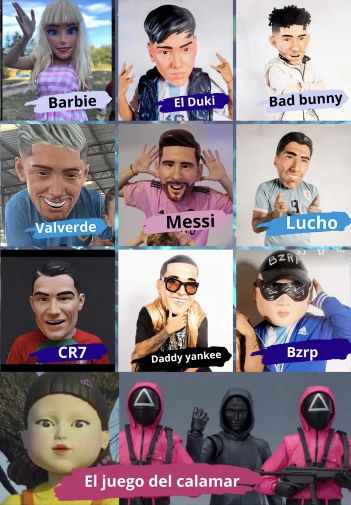 Catálogo de cabezudos: Barbie, El Duki, Bad Bunny, Valverde, Messi, Lucho, CR7, Daddy Yankee, Bzrp y El juego del calamar