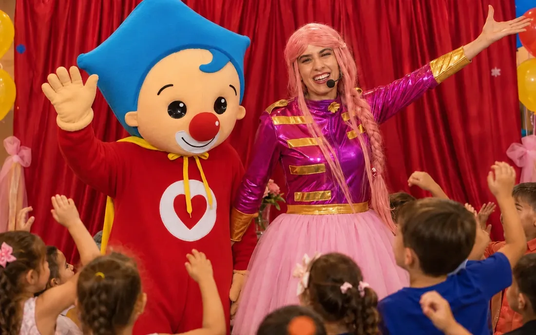 Animadora y personaje corpóreo animando a un grupo de niños con las manos en alto