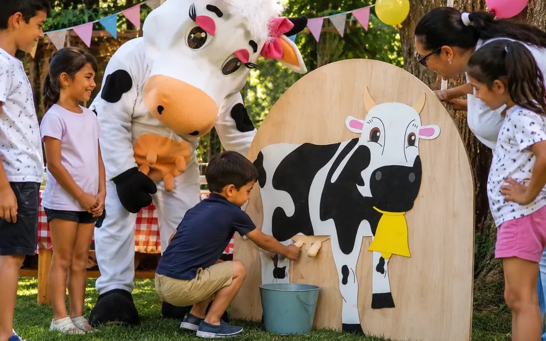 Niños participando de una estación de juegos junto a un personaje corpóreo de vaca