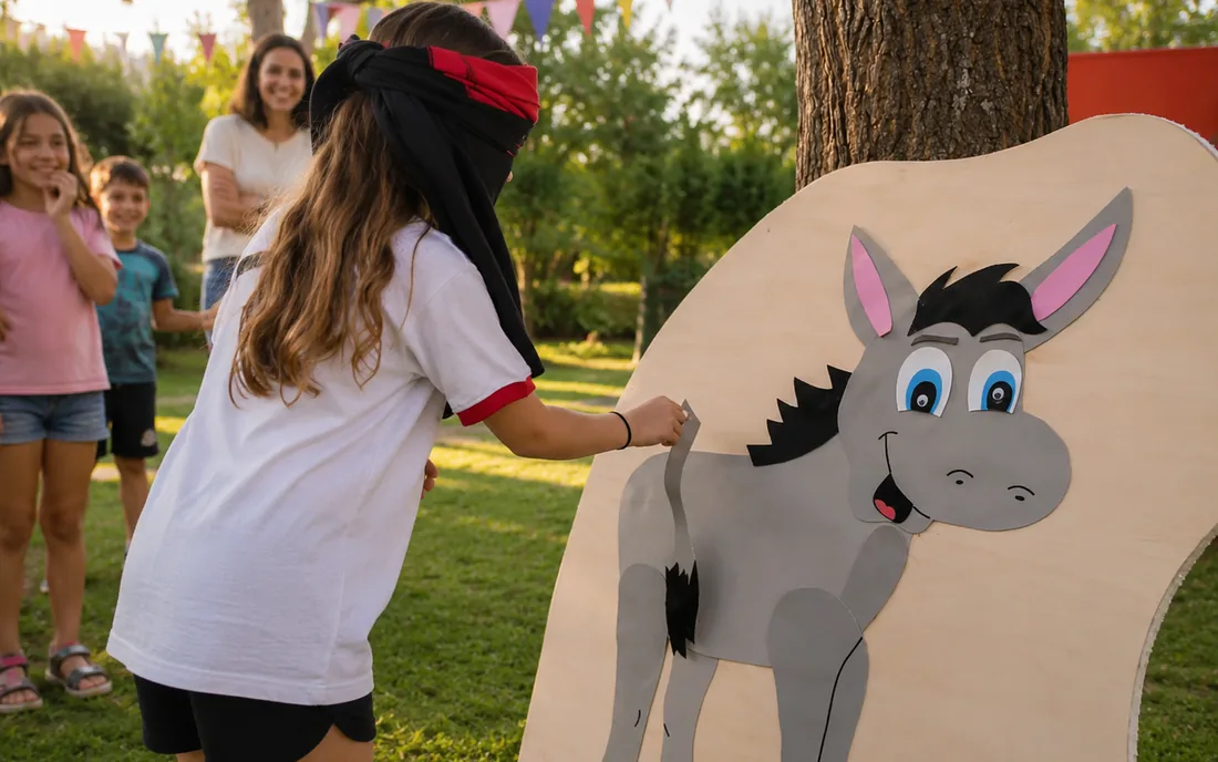 Niña con los ojos vendados jugando a ponerle la cola al burro mientras otros la miran