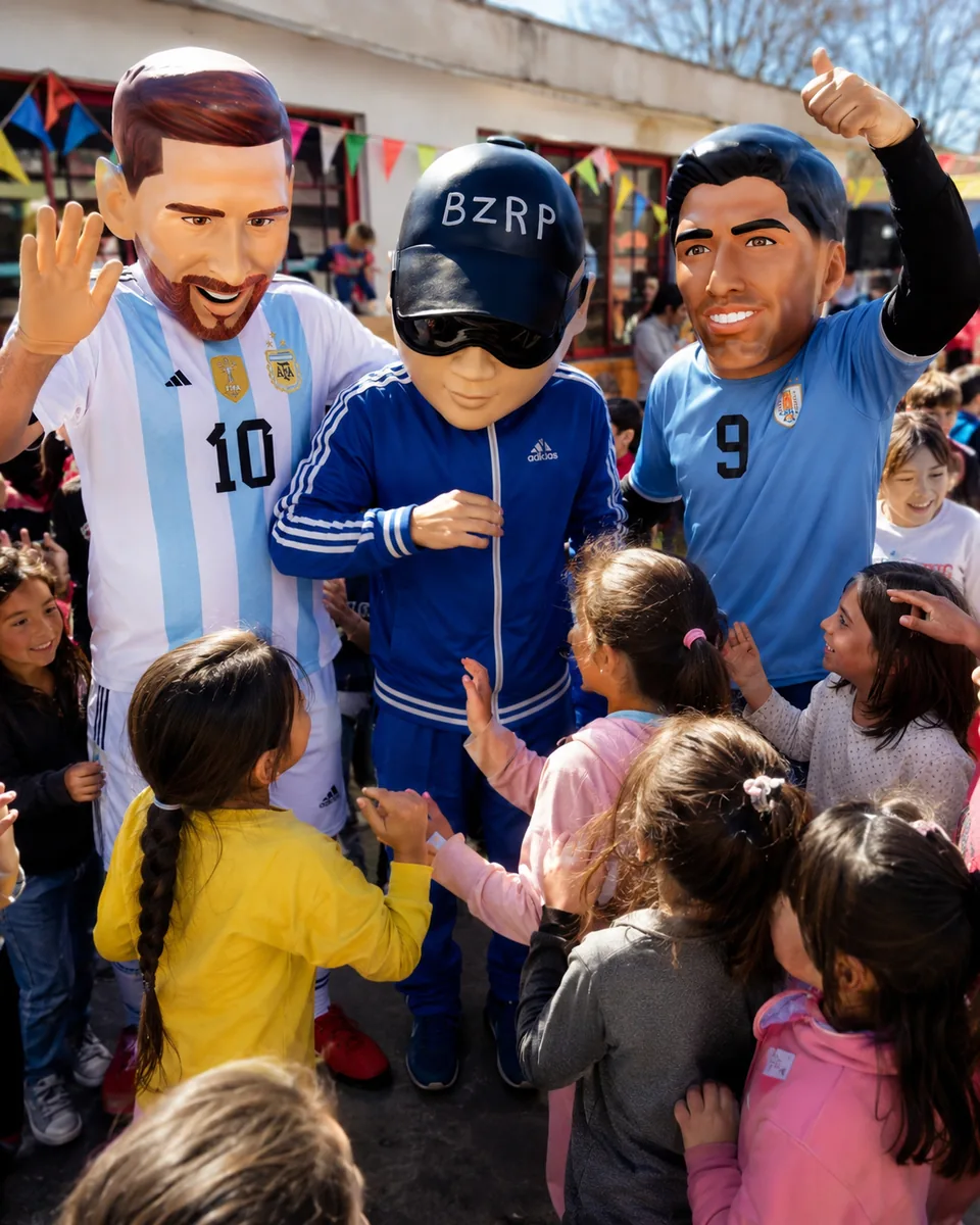 Personajes futbolistas saludando a los niños en un cumpleaños