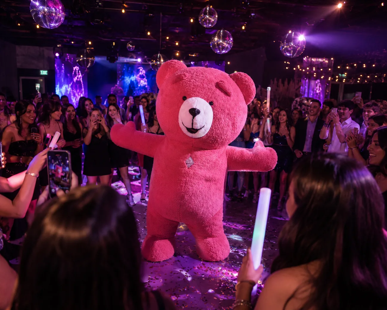 Oso gigante rosado bailando en el centro de la pista rodeado de invitados