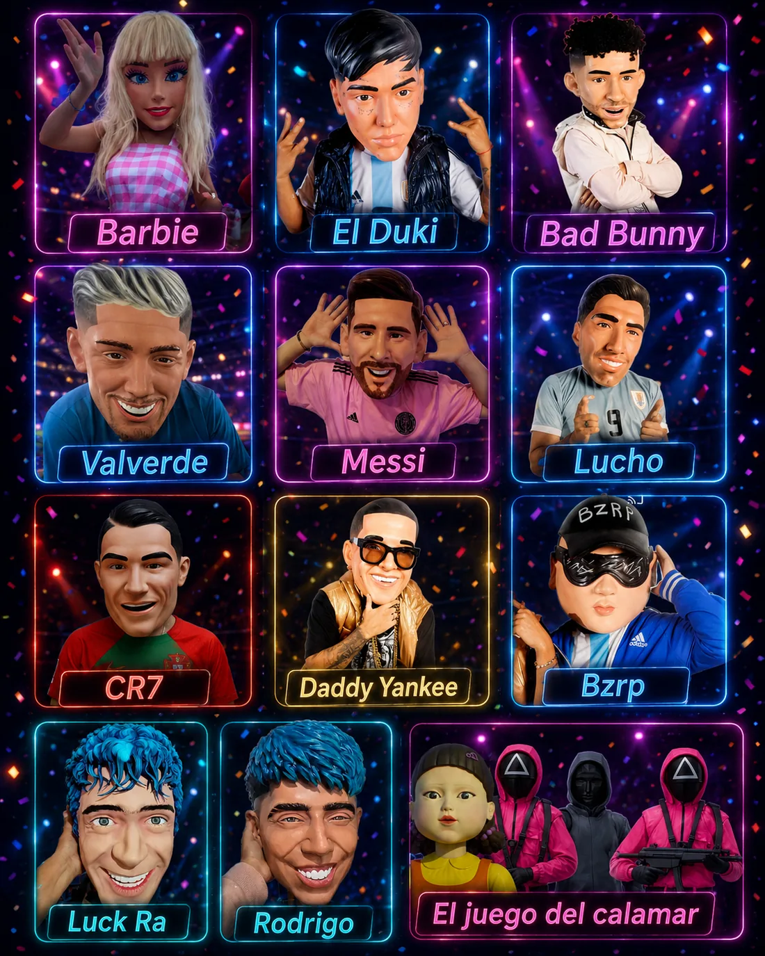 Catálogo de personajes: Barbie, El Duki, Bad Bunny, Valverde, Messi, Lucho, CR7, Daddy Yankee, Bzrp, Luck Ra, Rodrigo y El juego del calamar