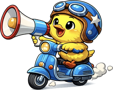 Pollito Pío en moto anunciando