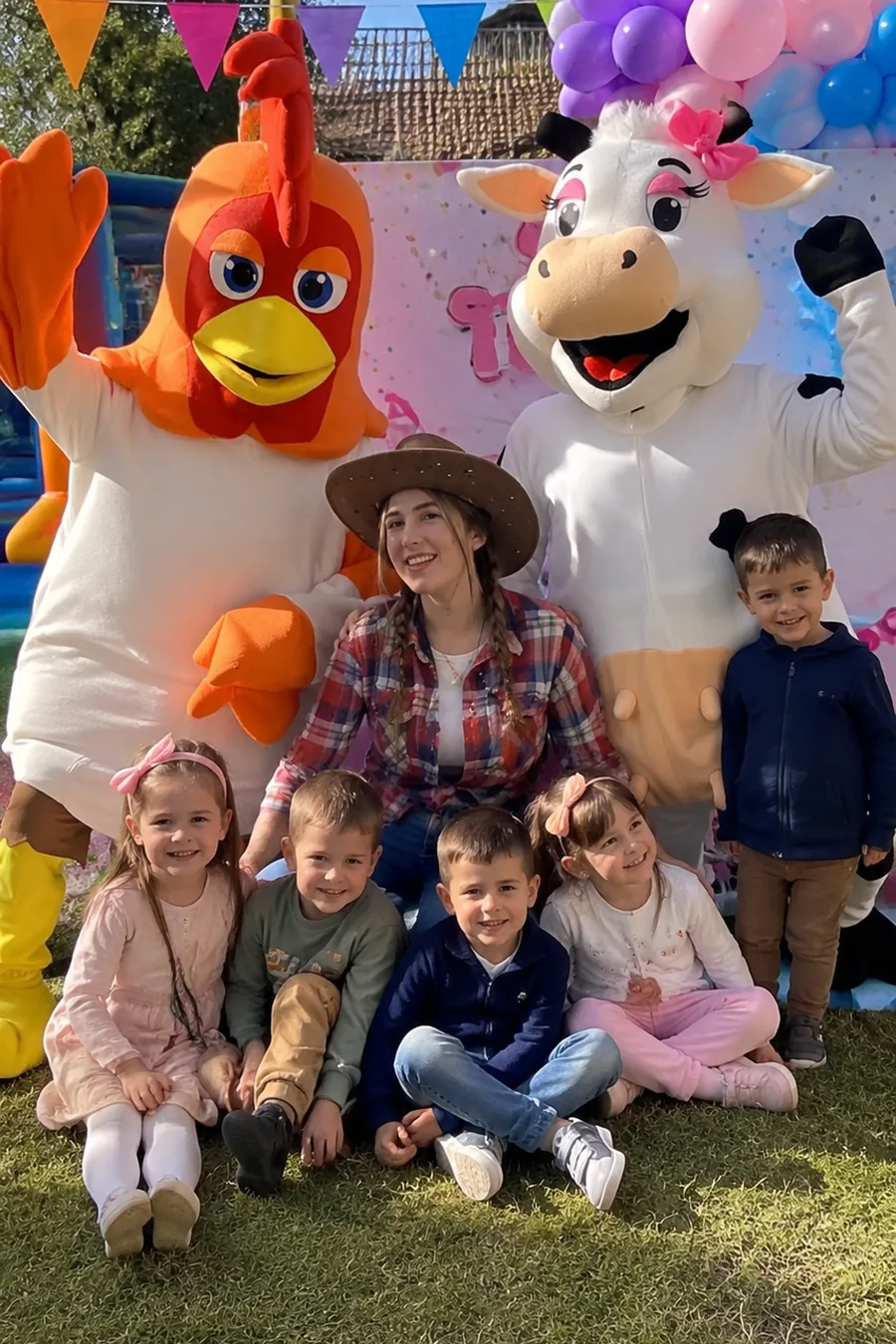 Personajes de granja (Vaca Lola, Bartolito) posando con la granjera y un grupo de niños