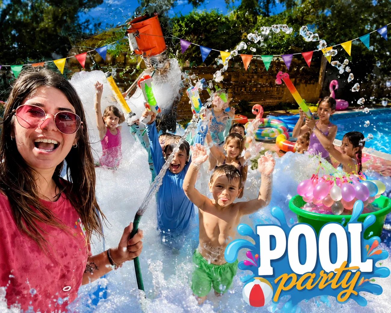 Pool party infantil con animadora, juegos de agua y globos
