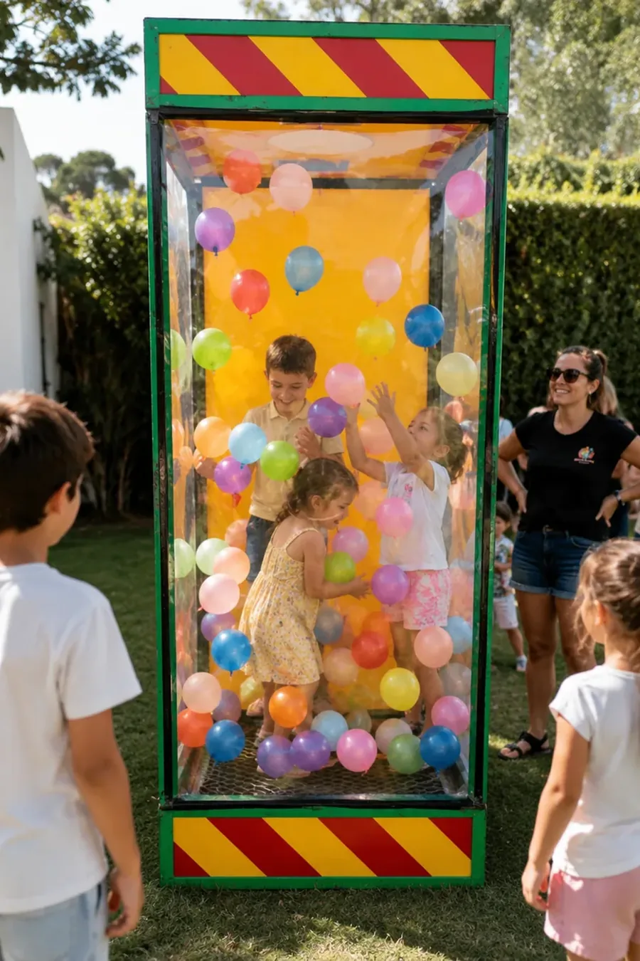 Niños jugando dentro de una cabina de globos en una kermés