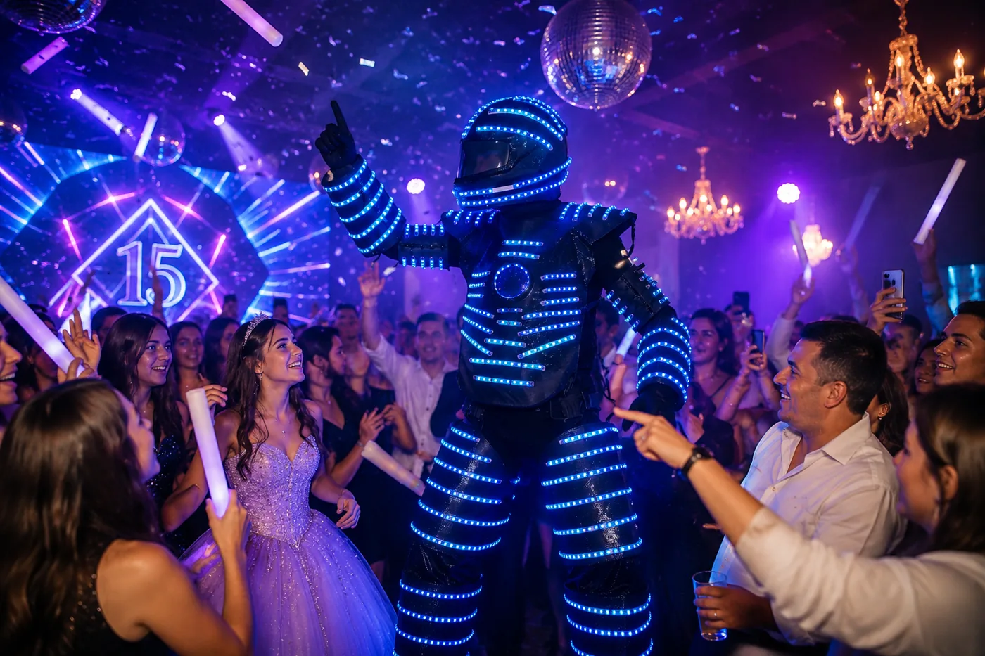 Robot LED con casco rodeado de invitados en un cumpleaños de 15