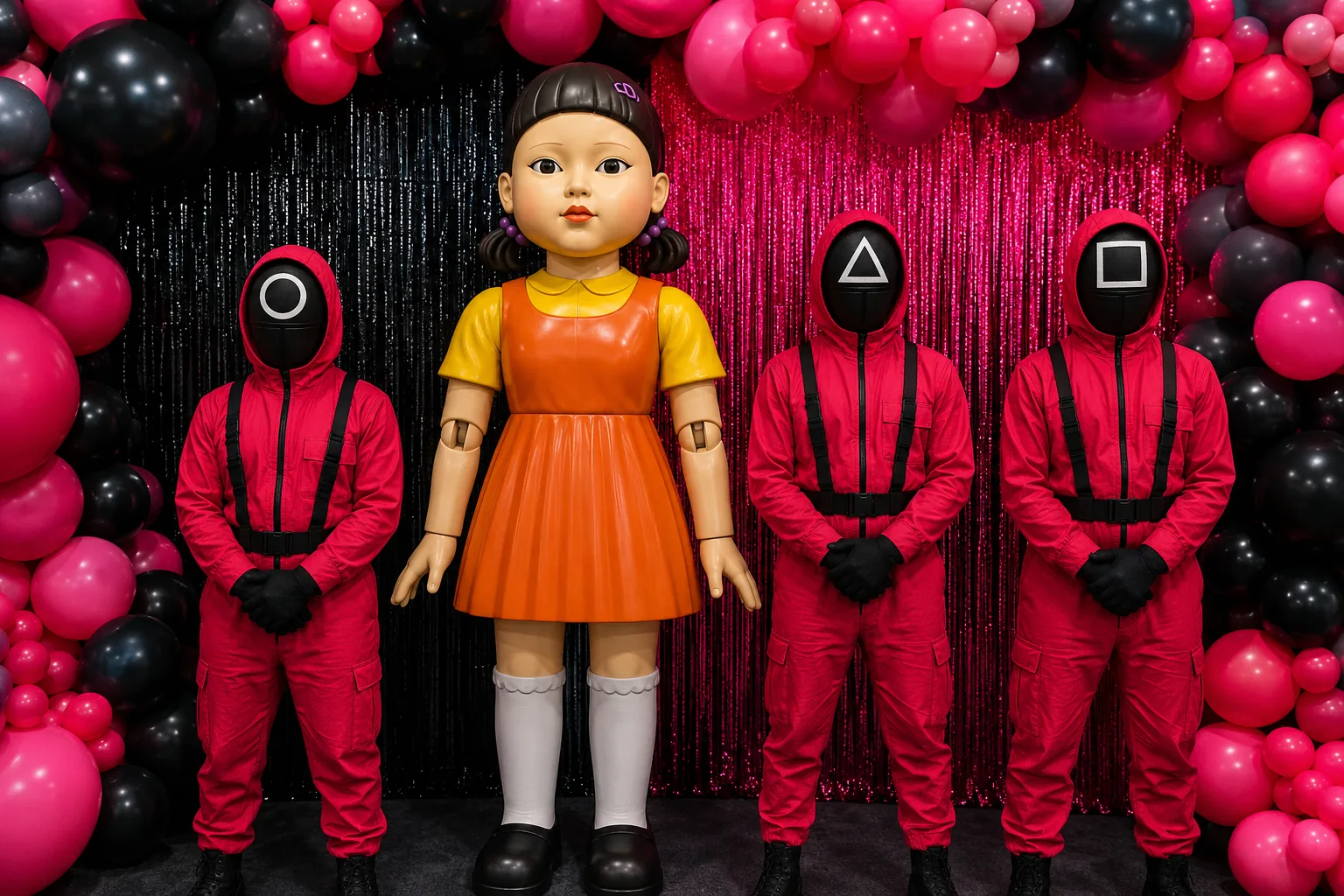 Personajes del Desafío del Calamar con la muñeca gigante y los guardias