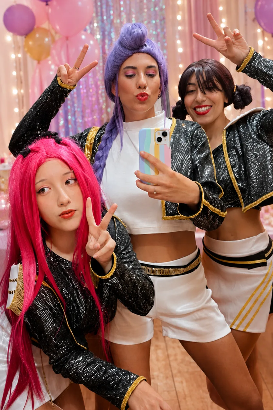 Tres animadoras con trajes brillantes y pelucas de colores del show Guerreras K-Pop