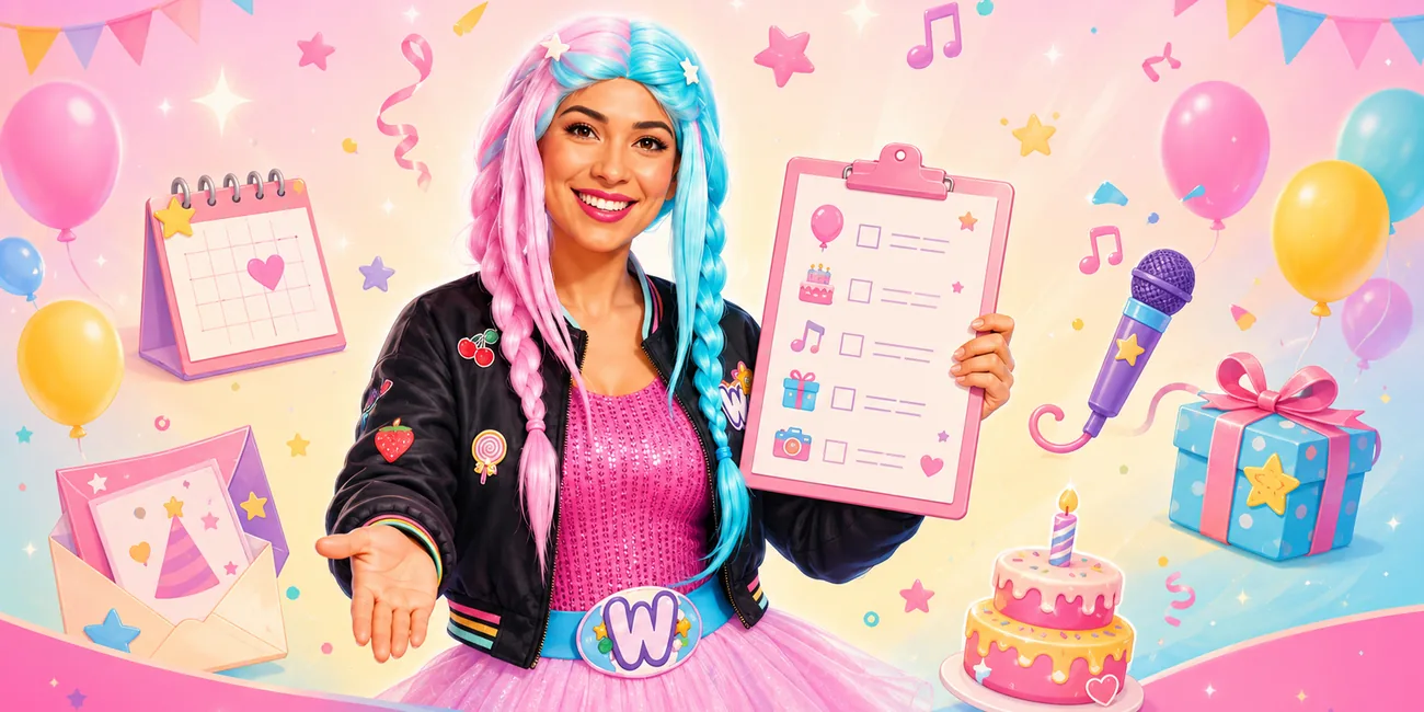 Wandy con una planilla para anotar los detalles del evento, rodeada de globos y elementos de fiesta